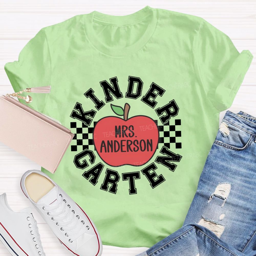 Personalized Grade And Name Red Apple Plaid Teacher T-shirt