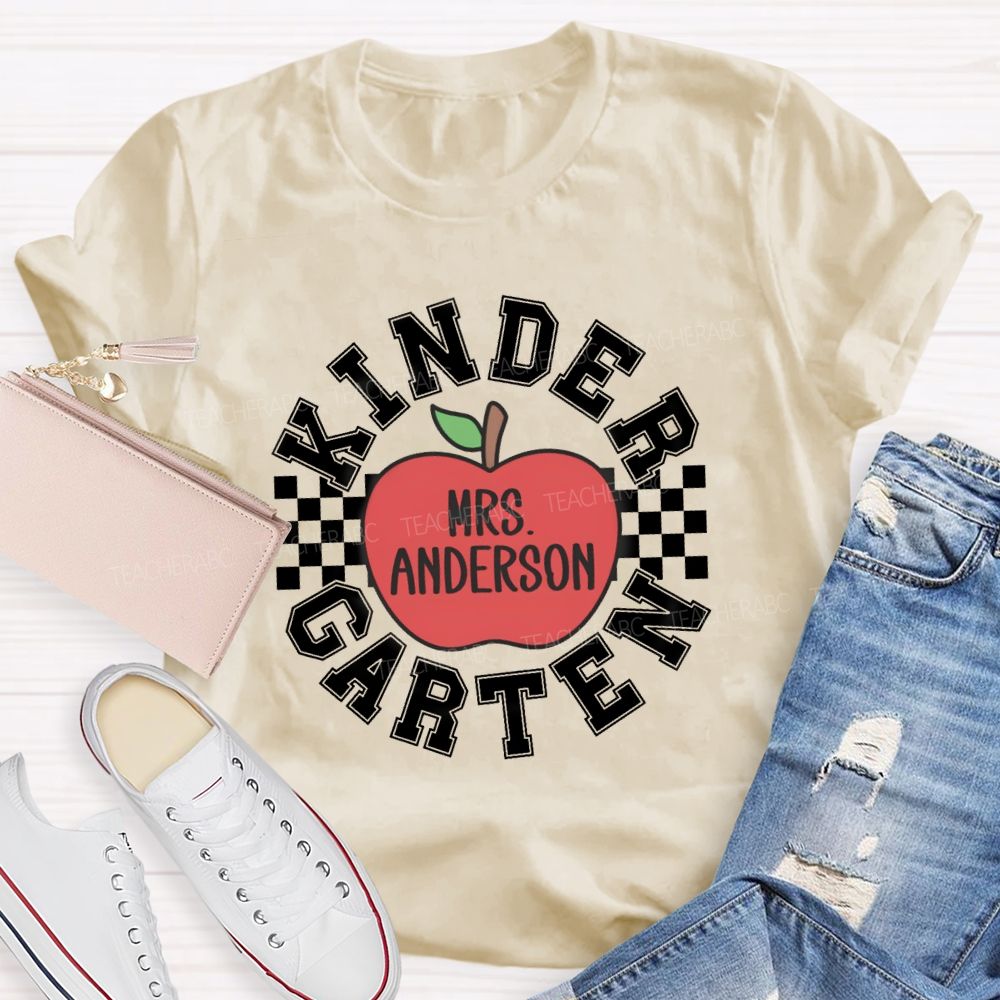 Personalized Grade And Name Red Apple Plaid Teacher T-shirt
