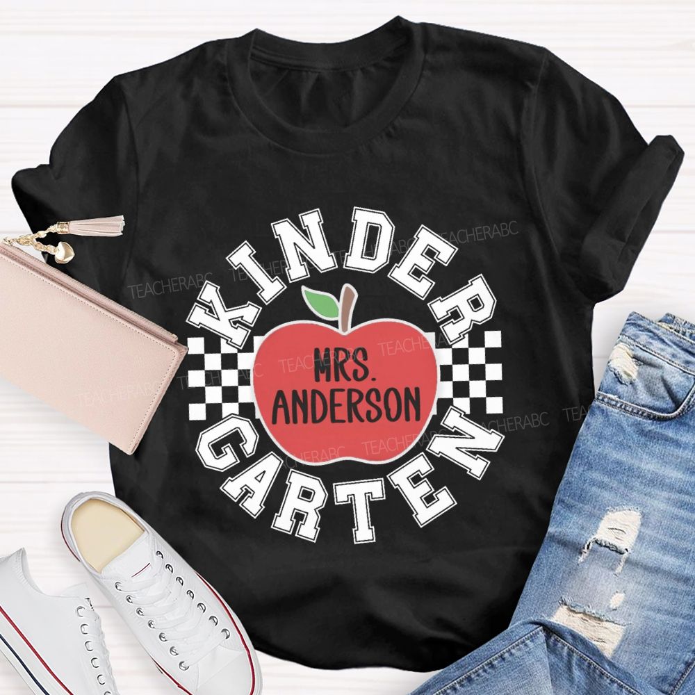 Personalized Grade And Name Red Apple Plaid Teacher T-shirt
