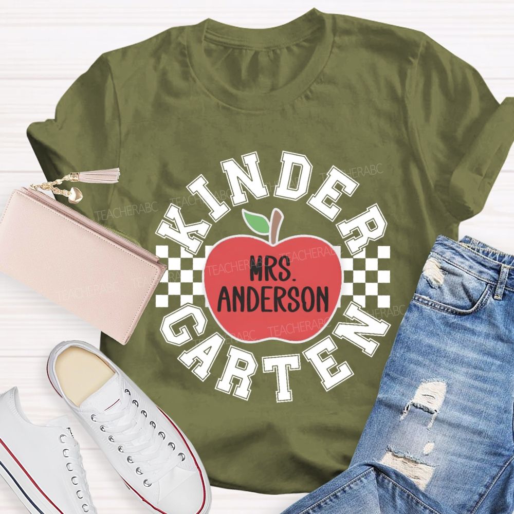 Personalized Grade And Name Red Apple Plaid Teacher T-shirt