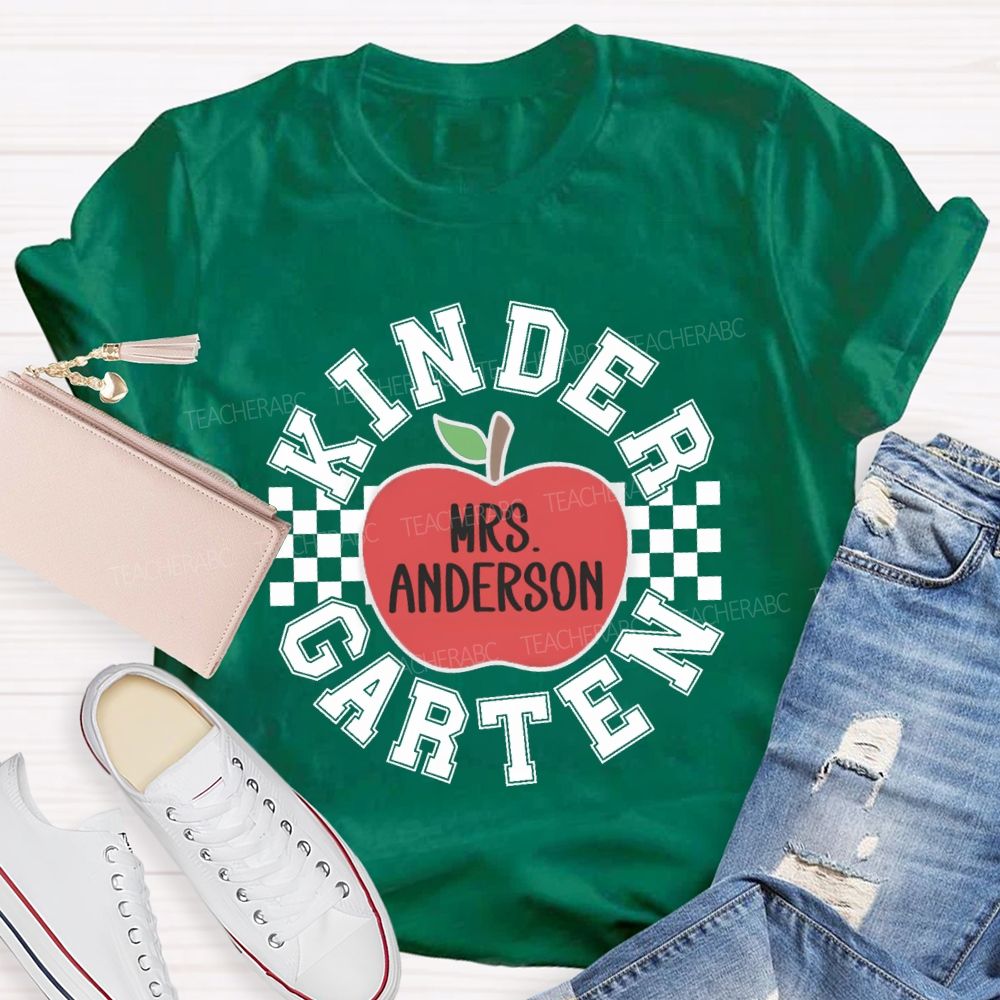 Personalized Grade And Name Red Apple Plaid Teacher T-shirt