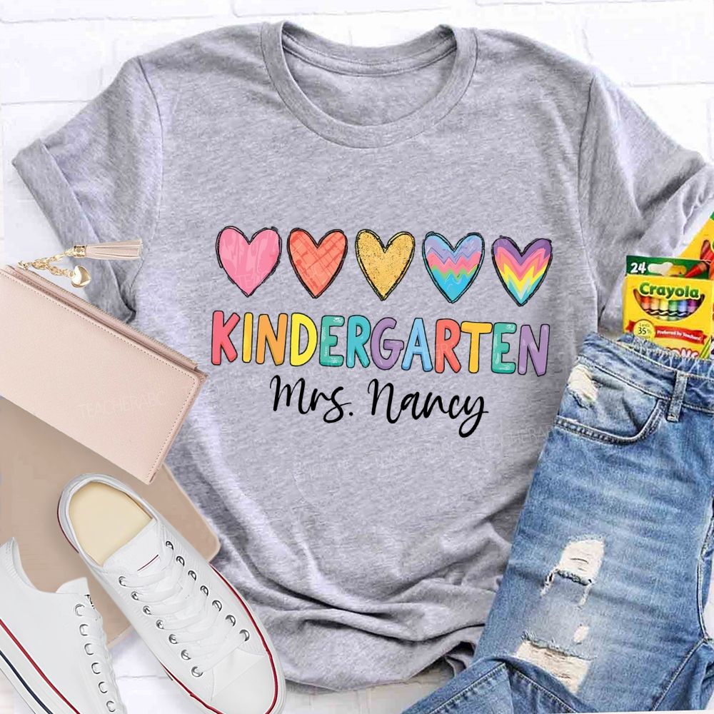 Personalized Grade Colorful Hearts Teacher T-shirt
