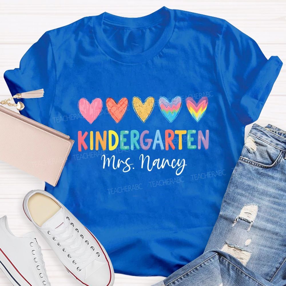 Personalized Grade Colorful Hearts Teacher T-shirt