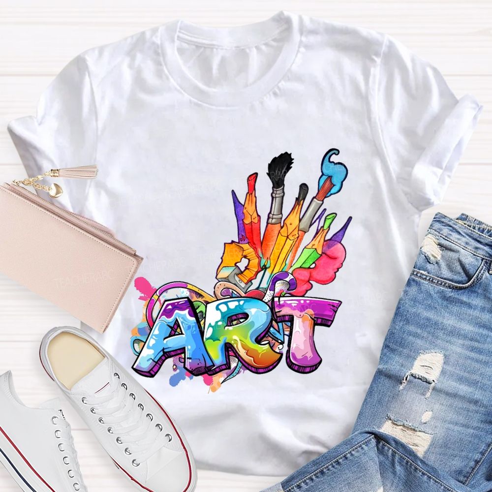 Art Colored Brushes And Fonts Teacher T-shirt