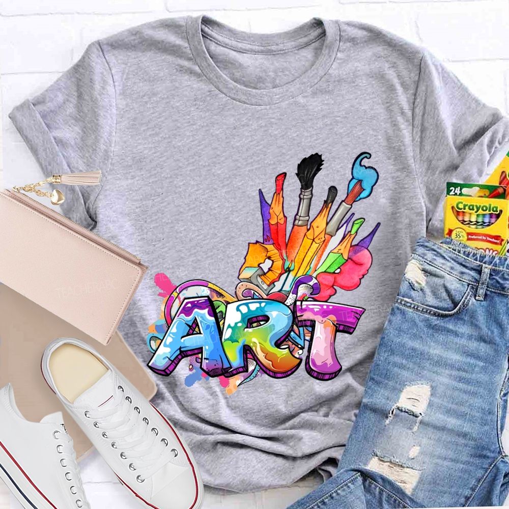 Art Colored Brushes And Fonts Teacher T-shirt