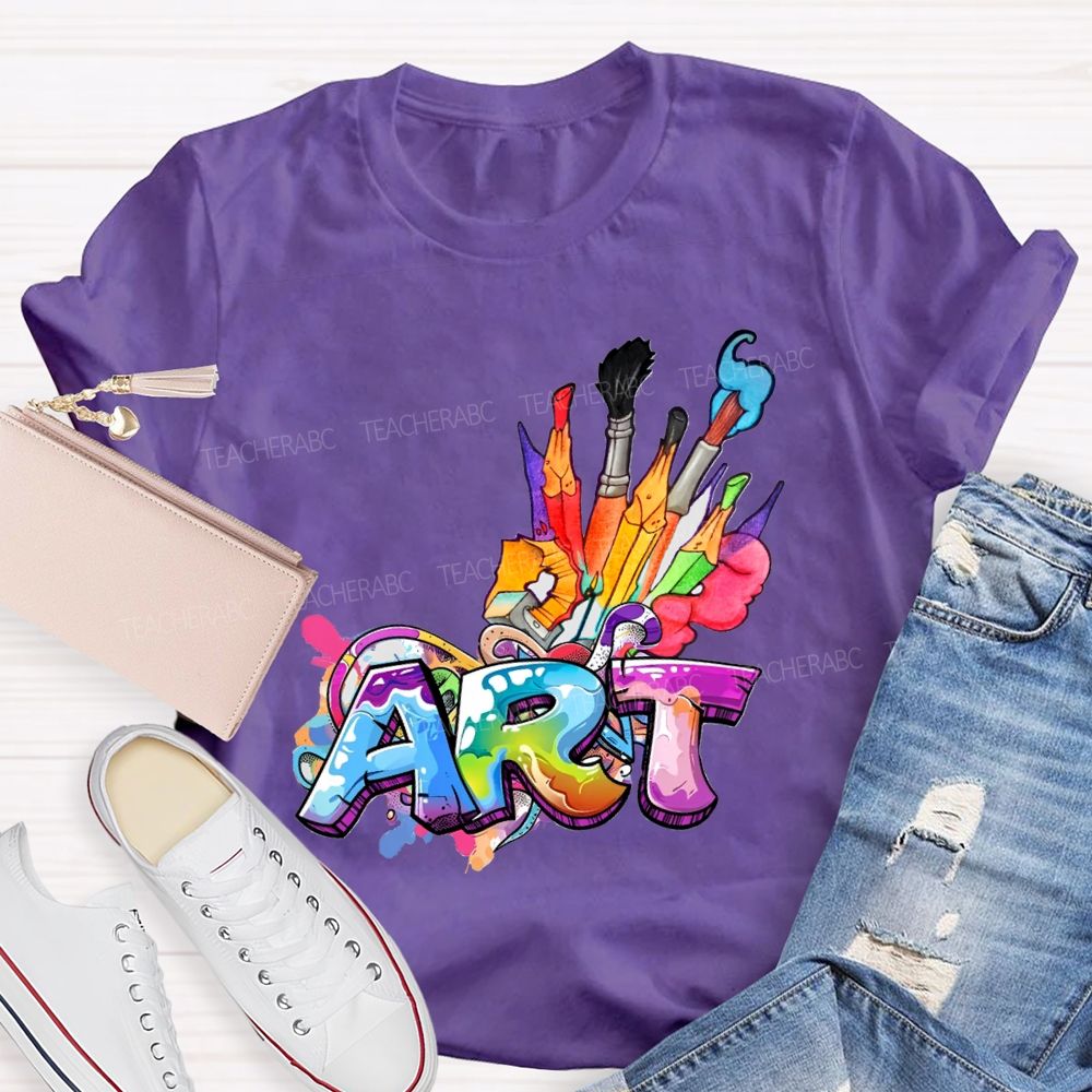 Art Colored Brushes And Fonts Teacher T-shirt