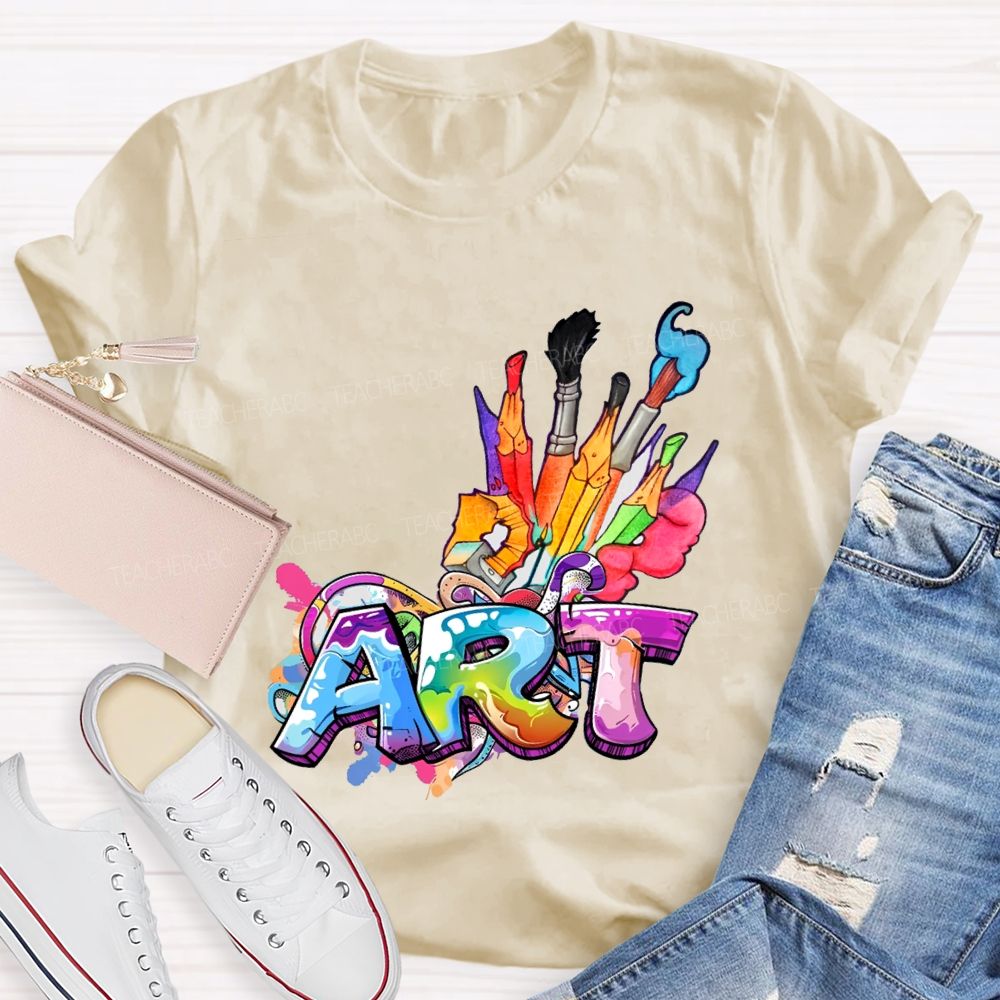 Art Colored Brushes And Fonts Teacher T-shirt