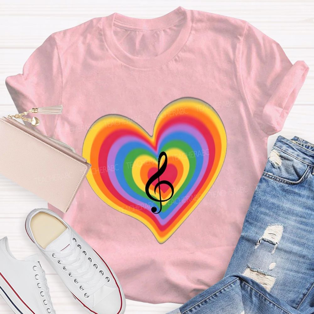 Musical Notes And Colorful Gradient Hearts Teacher T-shirt