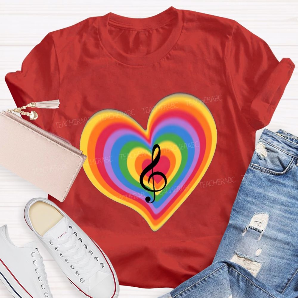 Musical Notes And Colorful Gradient Hearts Teacher T-shirt