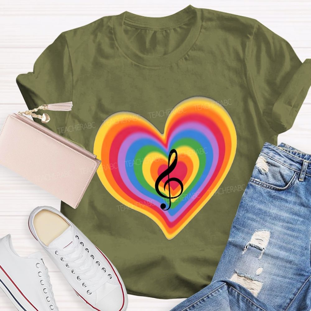 Musical Notes And Colorful Gradient Hearts Teacher T-shirt