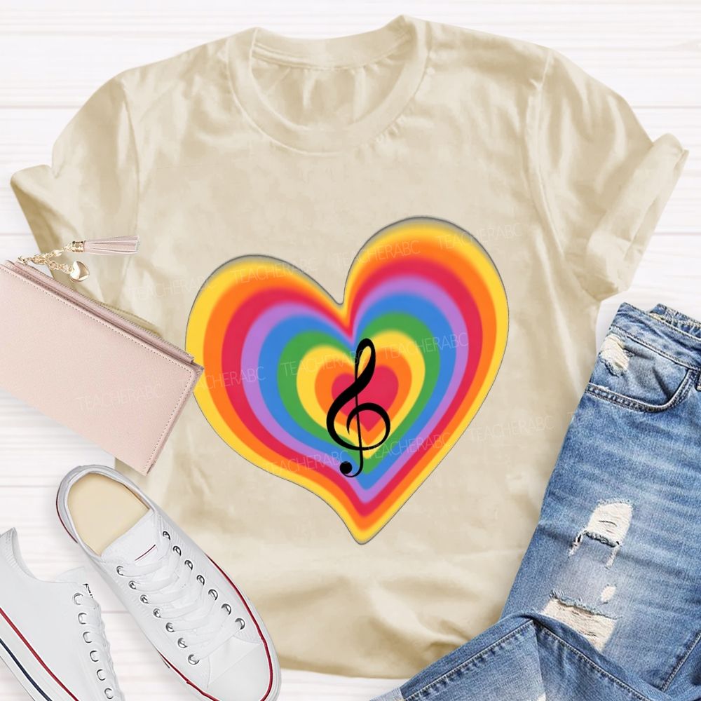 Musical Notes And Colorful Gradient Hearts Teacher T-shirt