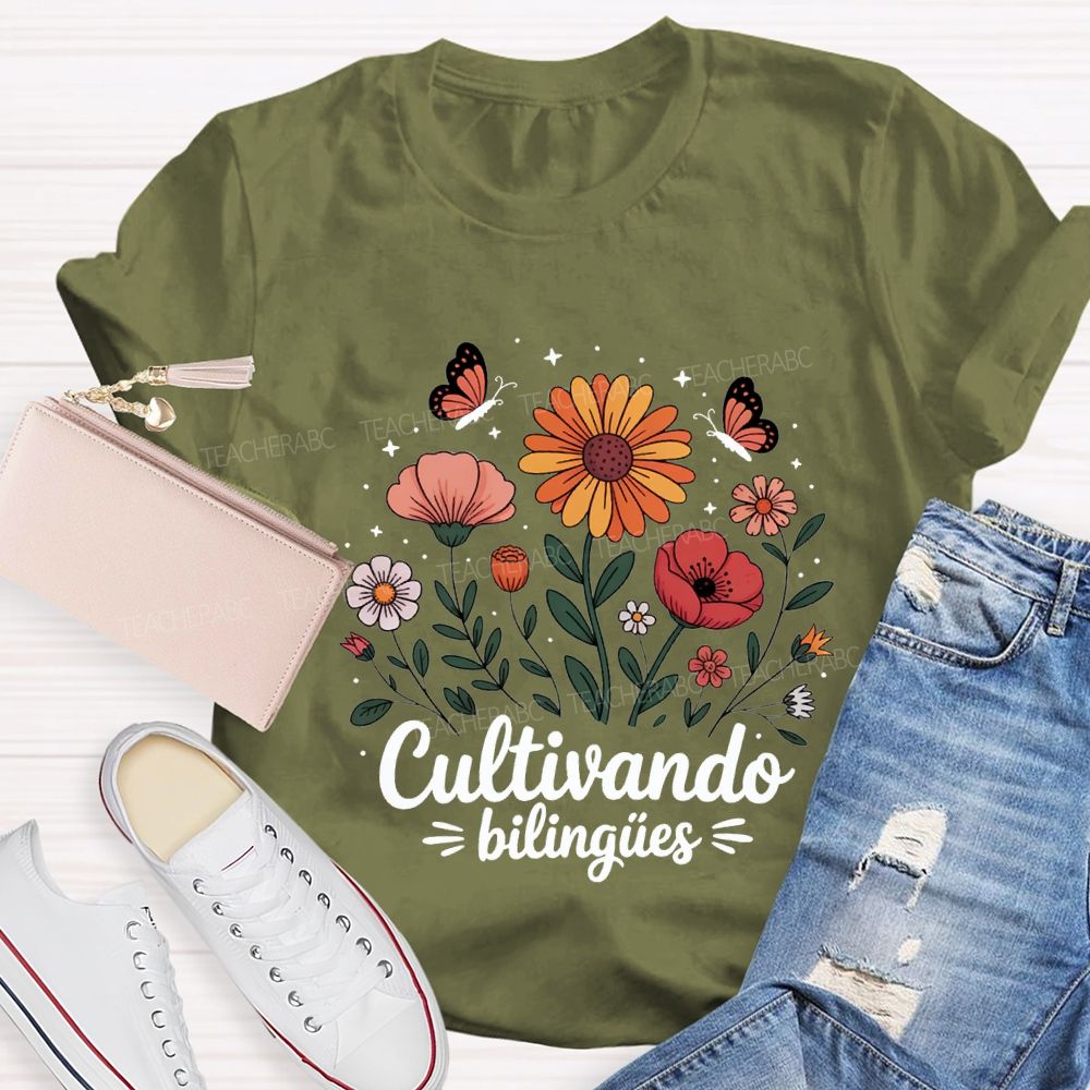 Cultivando BilingüEs Flowers And Butterflies Bilingual Teacher T-shirt