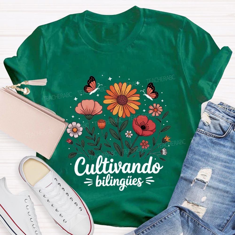 Cultivando BilingüEs Flowers And Butterflies Bilingual Teacher T-shirt