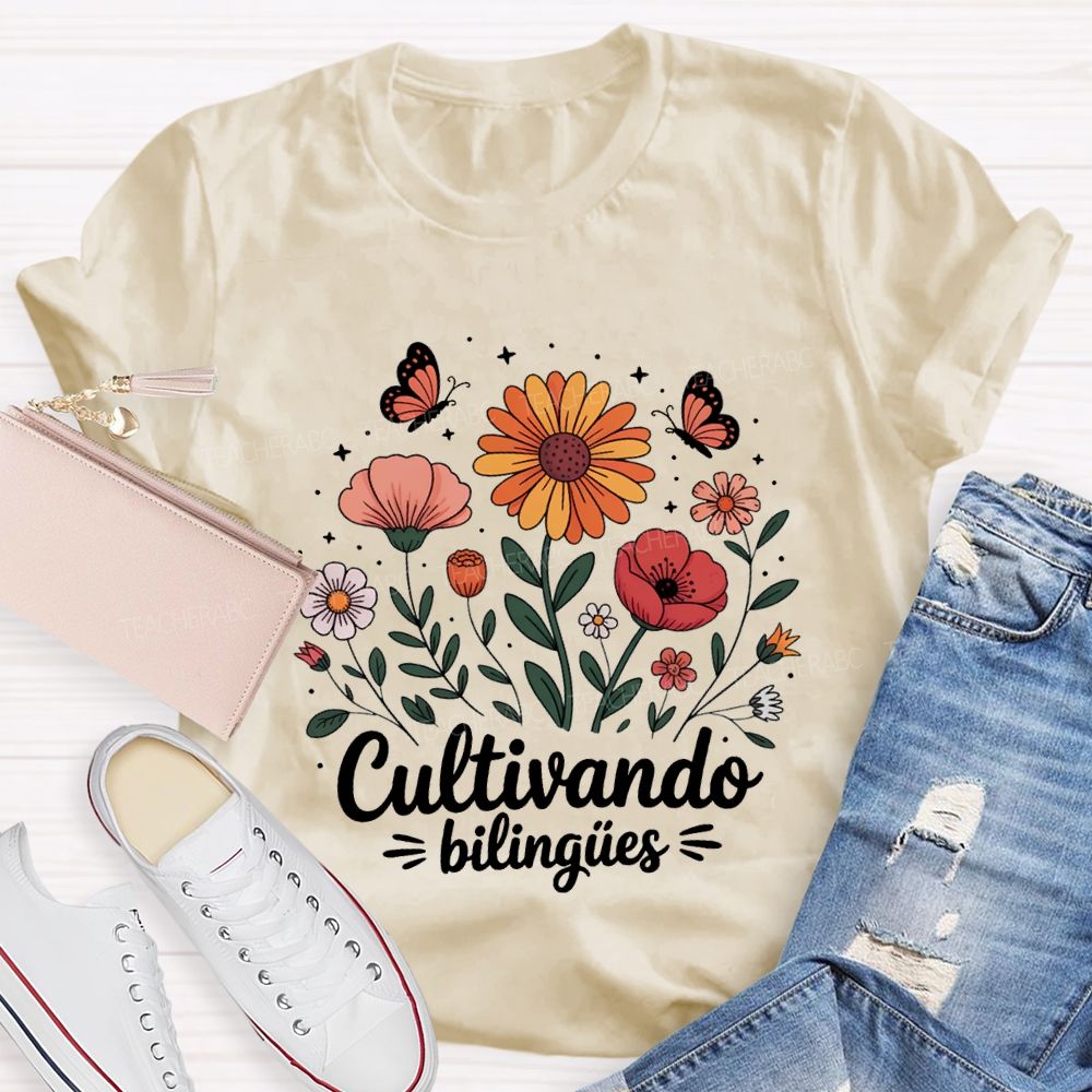 Cultivando BilingüEs Flowers And Butterflies Bilingual Teacher T-shirt