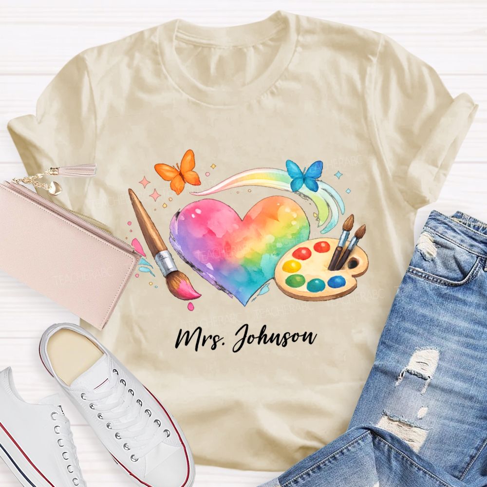 Personalized Name Tie-Dye Hearts And Dyeing Trays Teacher T-shirt