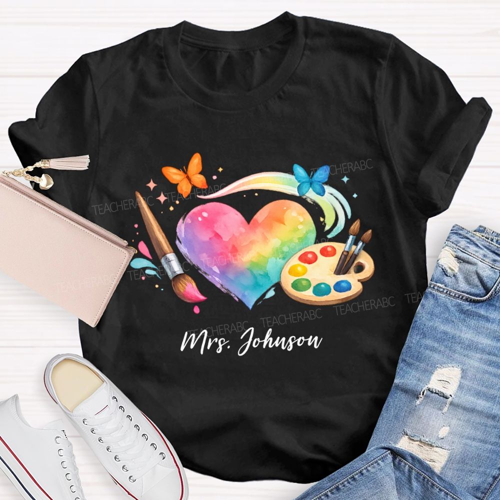 Personalized Name Tie-Dye Hearts And Dyeing Trays Teacher T-shirt
