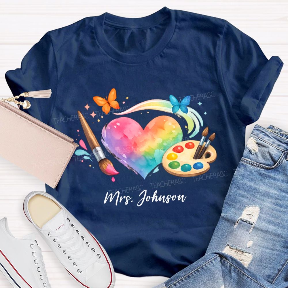 Personalized Name Tie-Dye Hearts And Dyeing Trays Teacher T-shirt