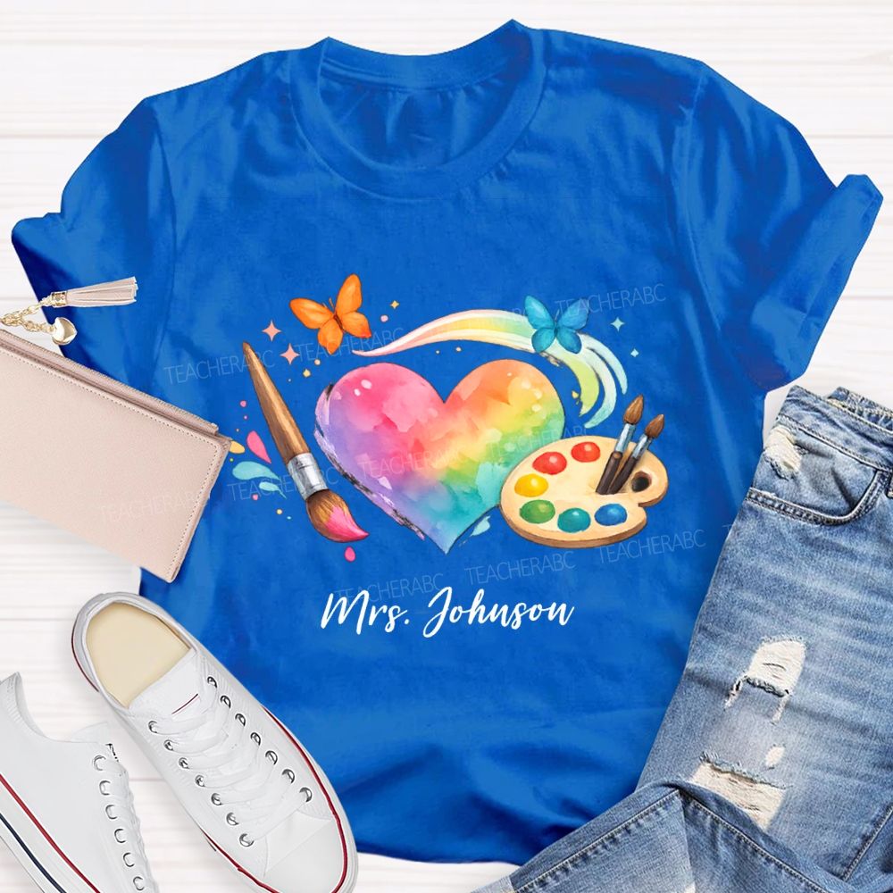 Personalized Name Tie-Dye Hearts And Dyeing Trays Teacher T-shirt
