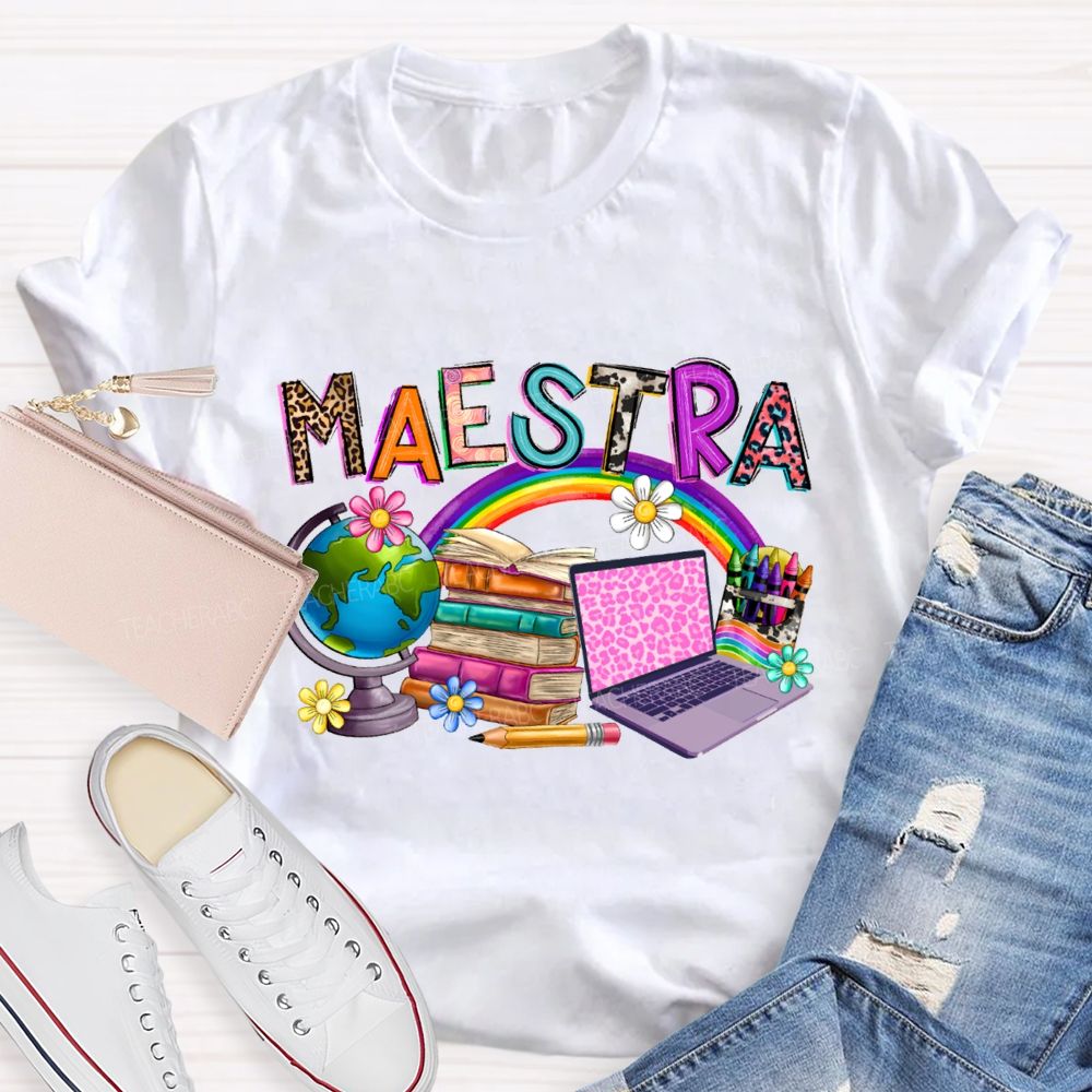 Maestra Rainbow Books And Flowers Teacher T-shirt