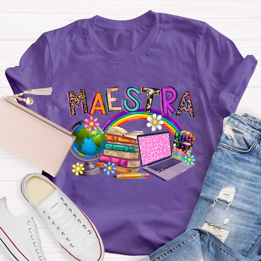 Maestra Rainbow Books And Flowers Teacher T-shirt