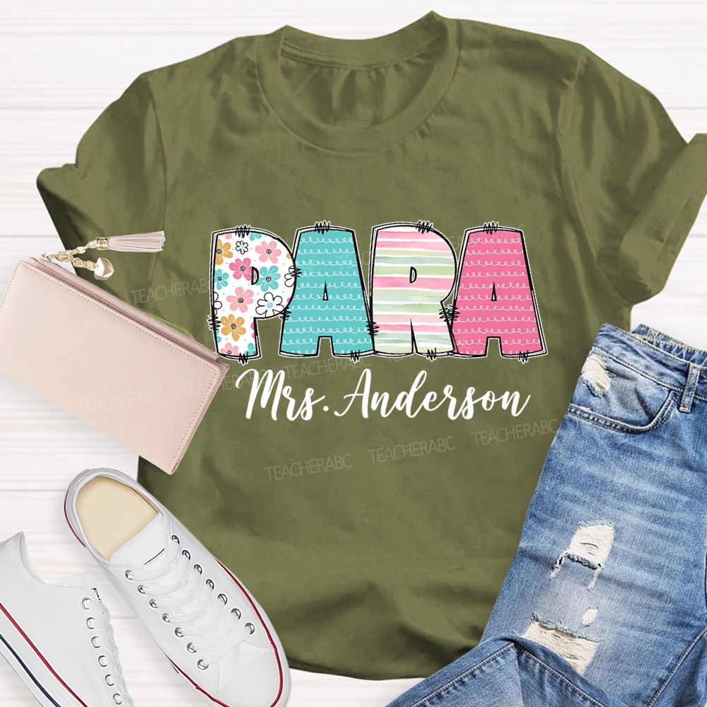 Personalized Para Name Strip Floral Teacher T-Shirt