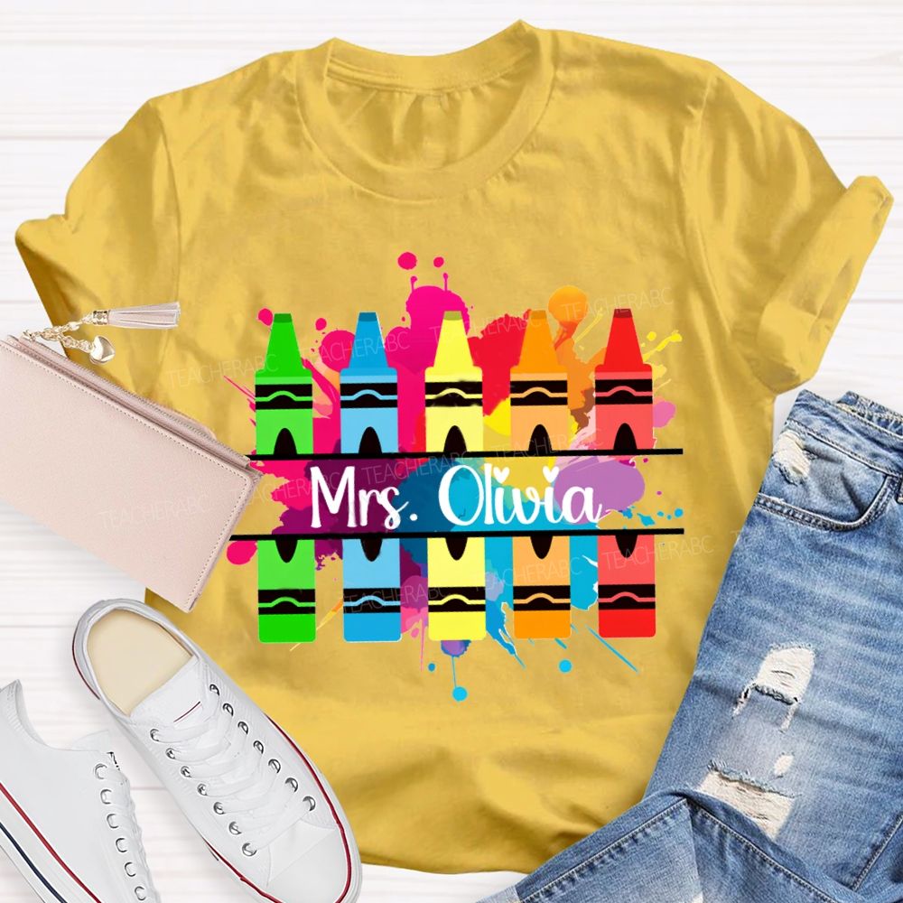 Personalized Name Colorful Crayons Art Teacher T-shirt