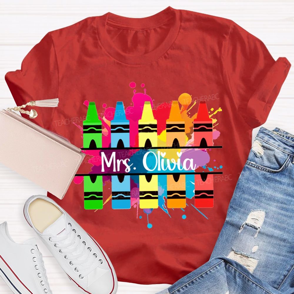 Personalized Name Colorful Crayons Art Teacher T-shirt