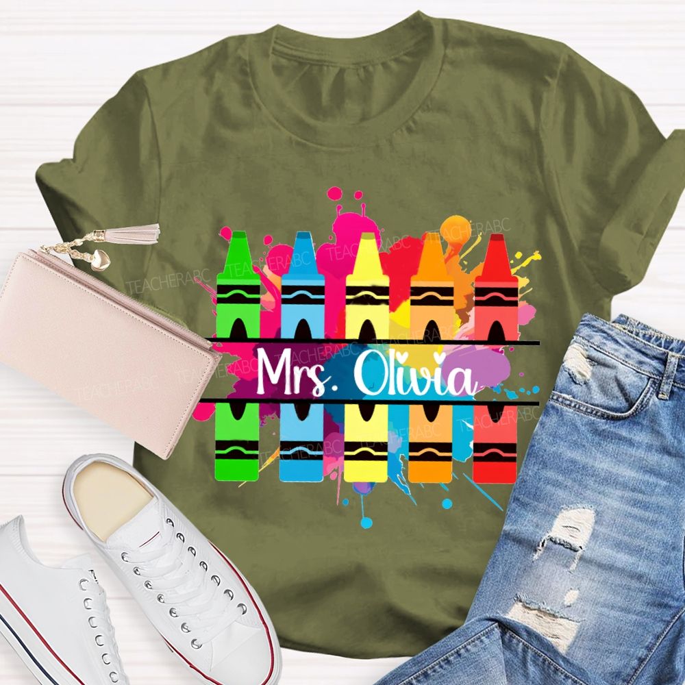 Personalized Name Colorful Crayons Art Teacher T-shirt