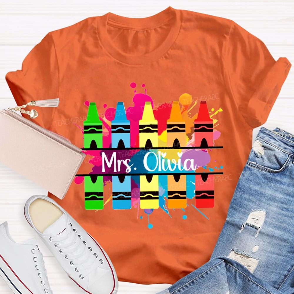 Personalized Name Colorful Crayons Art Teacher T-shirt