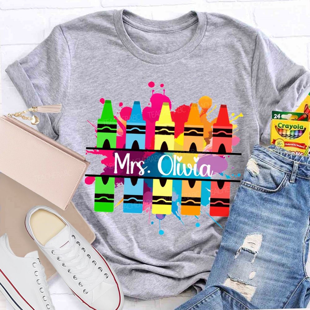 Personalized Name Colorful Crayons Art Teacher T-shirt