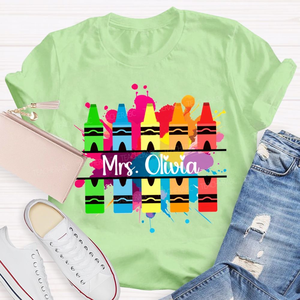 Personalized Name Colorful Crayons Art Teacher T-shirt