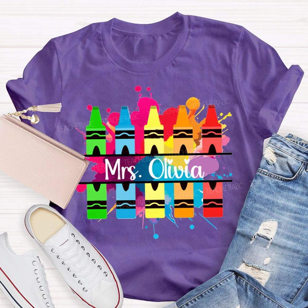 Personalized Name Colorful Crayons Art Teacher T-shirt