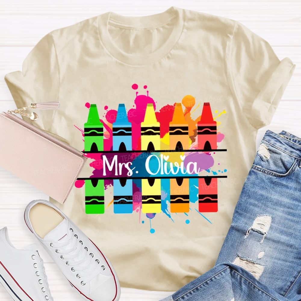 Personalized Name Colorful Crayons Art Teacher T-shirt