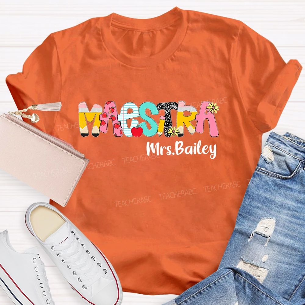 Personalized Name Maestra Pattern Letter Teacher T-shirt