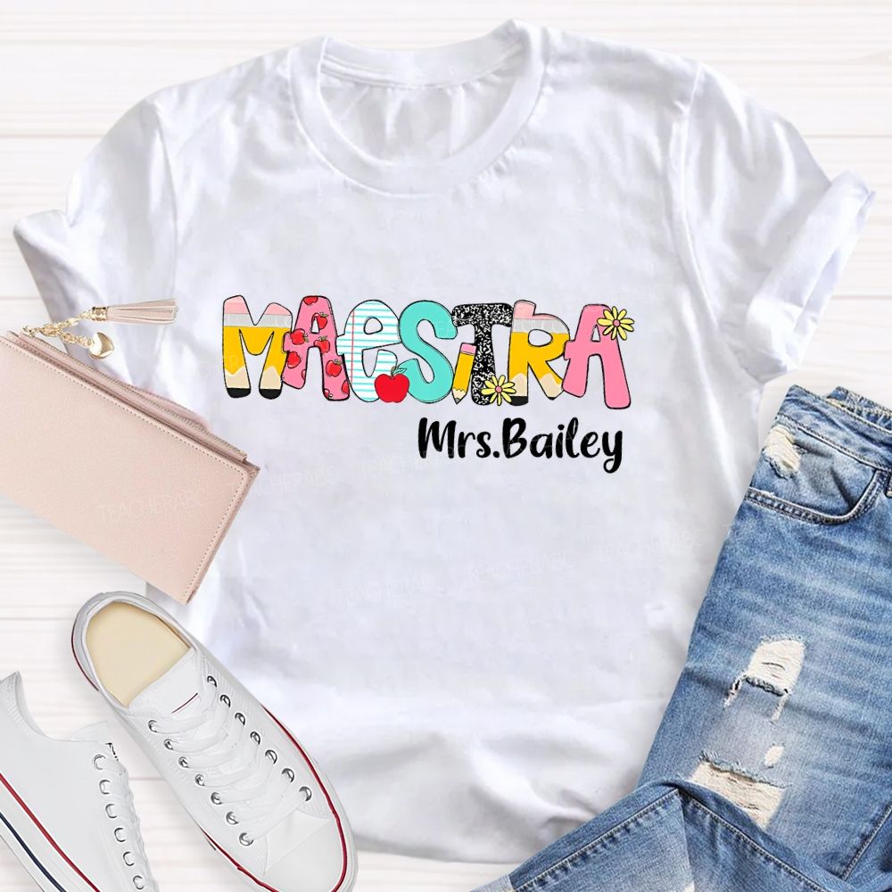 Personalized Name Maestra Pattern Letter Teacher T-shirt