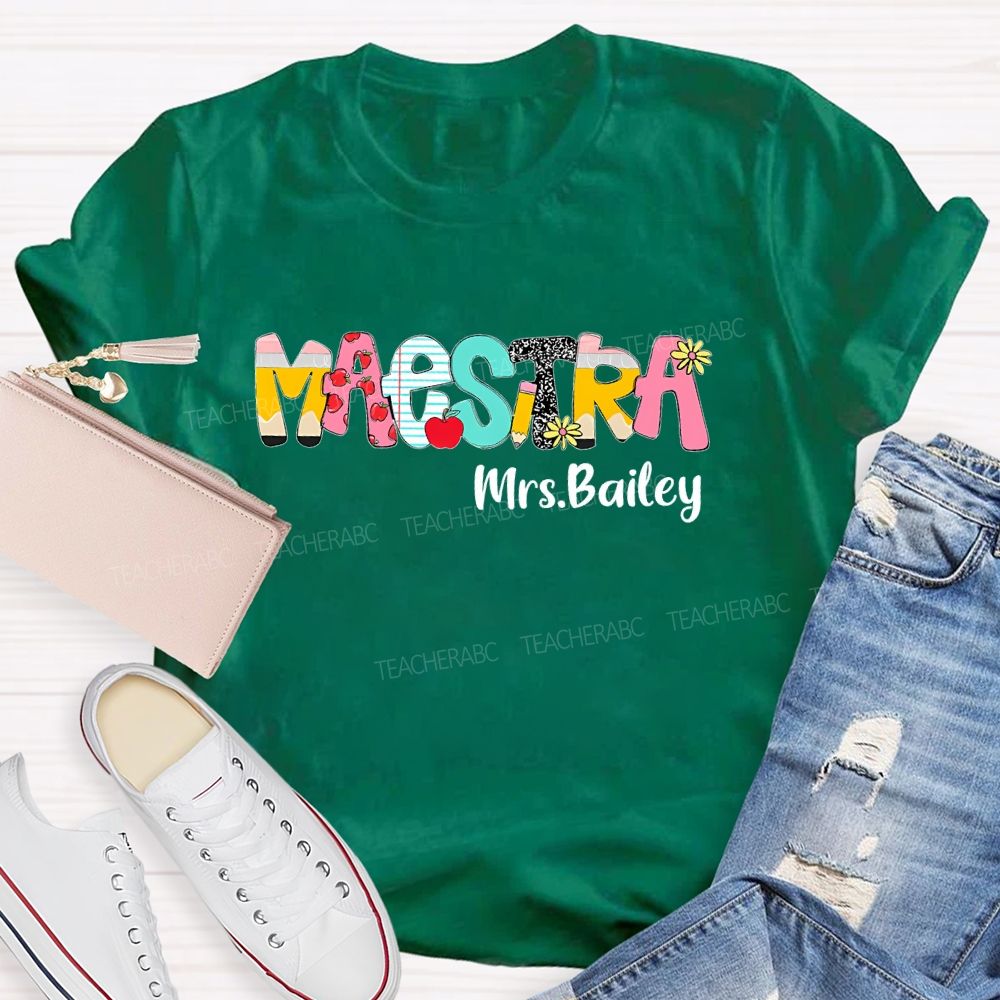 Personalized Name Maestra Pattern Letter Teacher T-shirt