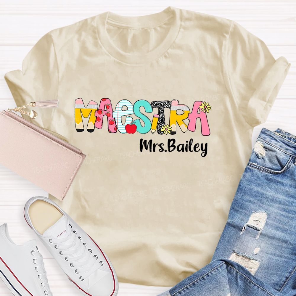 Personalized Name Maestra Pattern Letter Teacher T-shirt