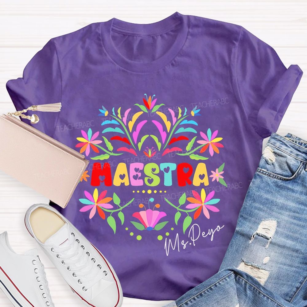 Personalized Name Maestra Graphics Flowers Teacher T-shirt