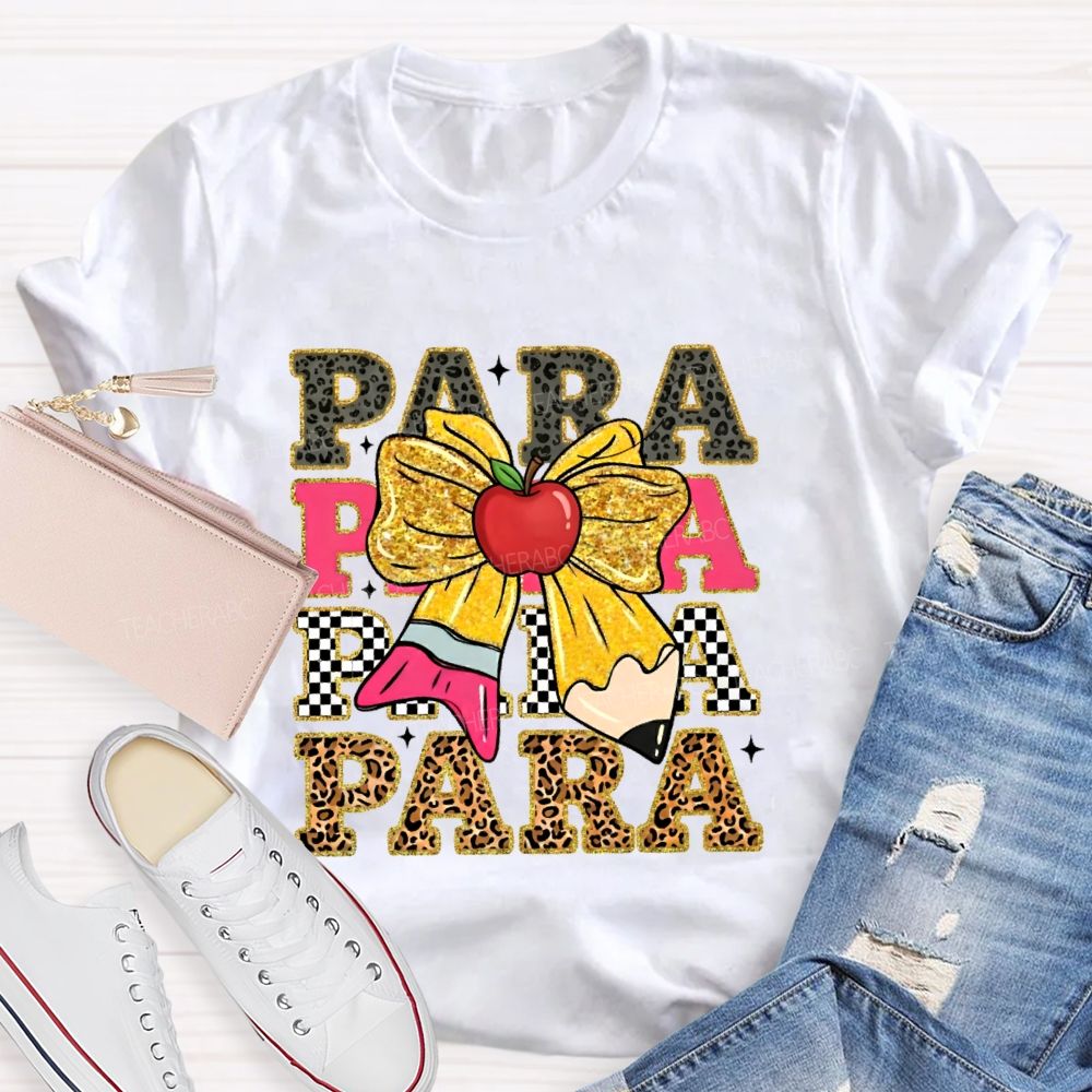 Para Leopard Print Letters Bow Teacher T-shirt