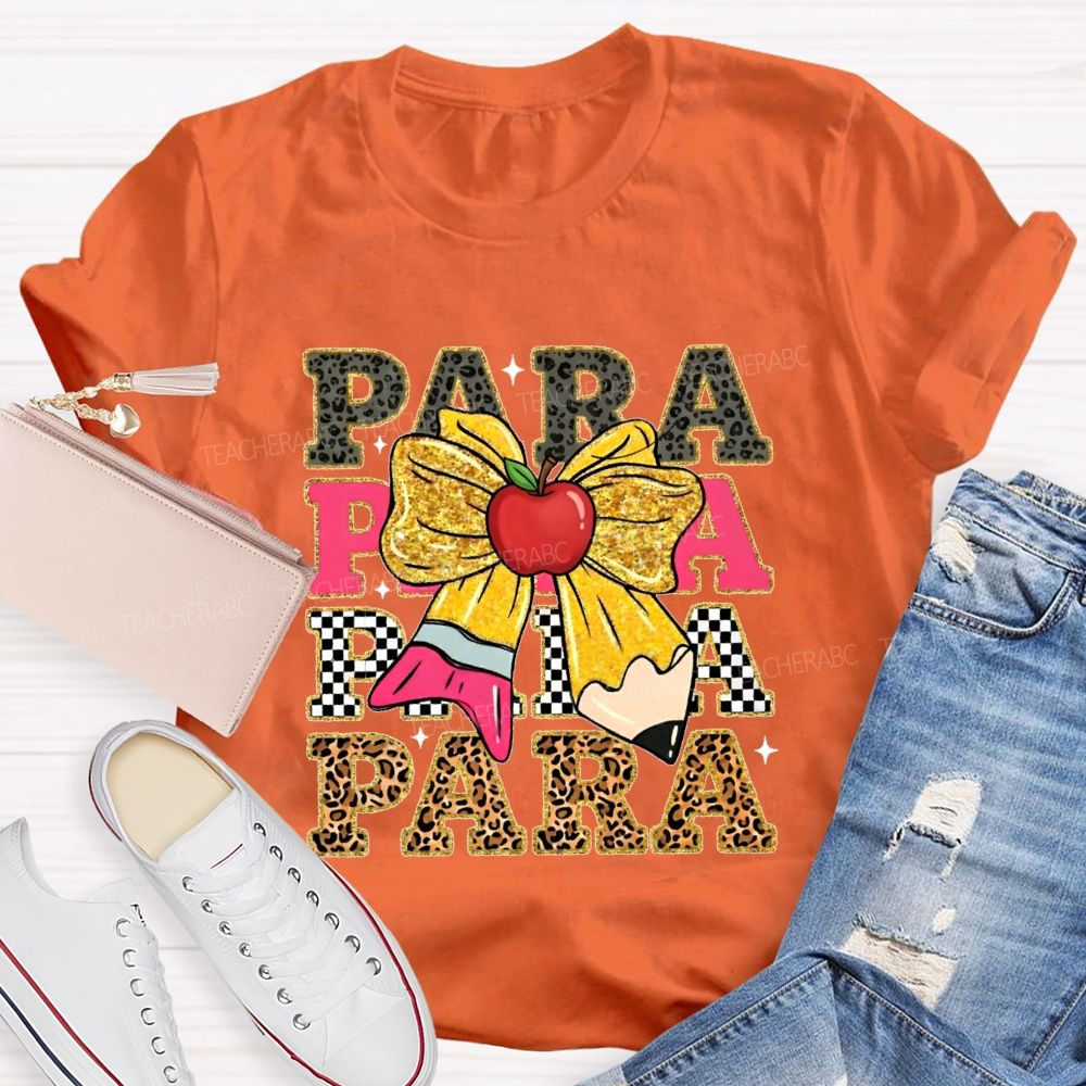 Para Leopard Print Letters Bow Teacher T-shirt