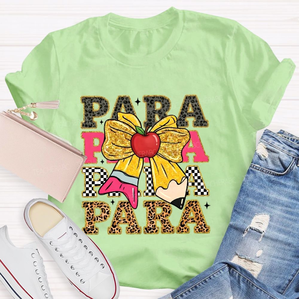 Para Leopard Print Letters Bow Teacher T-shirt