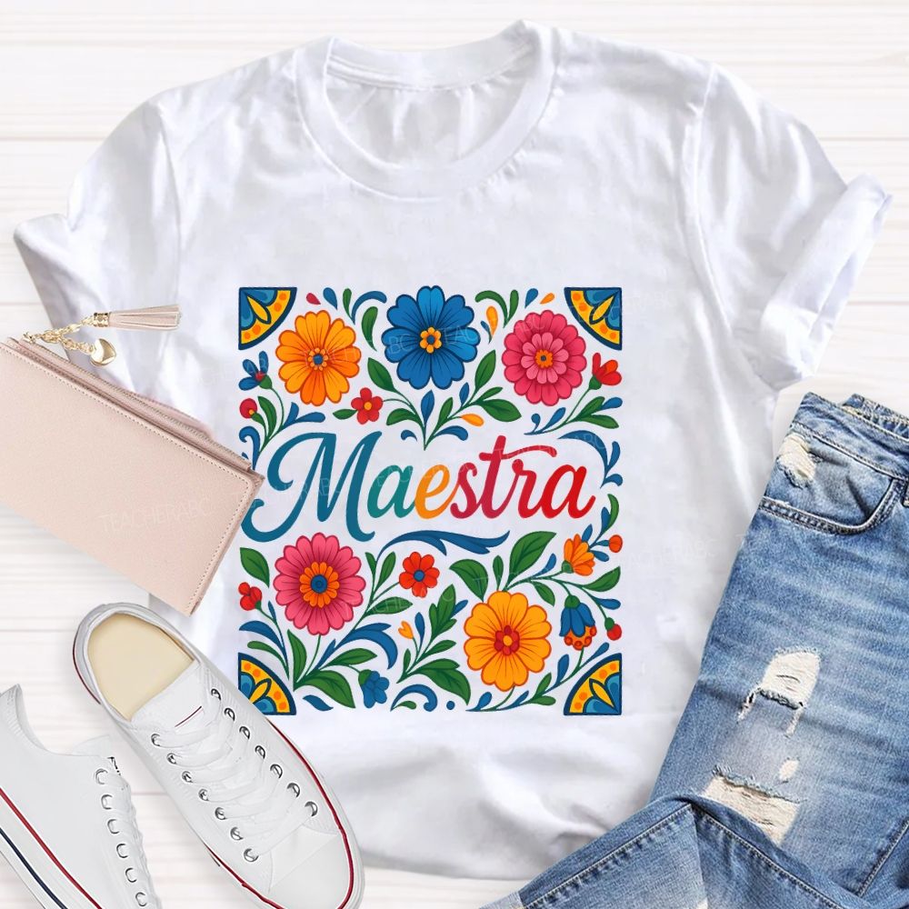 Maestra Flowers Pattern Teacher T-shirt