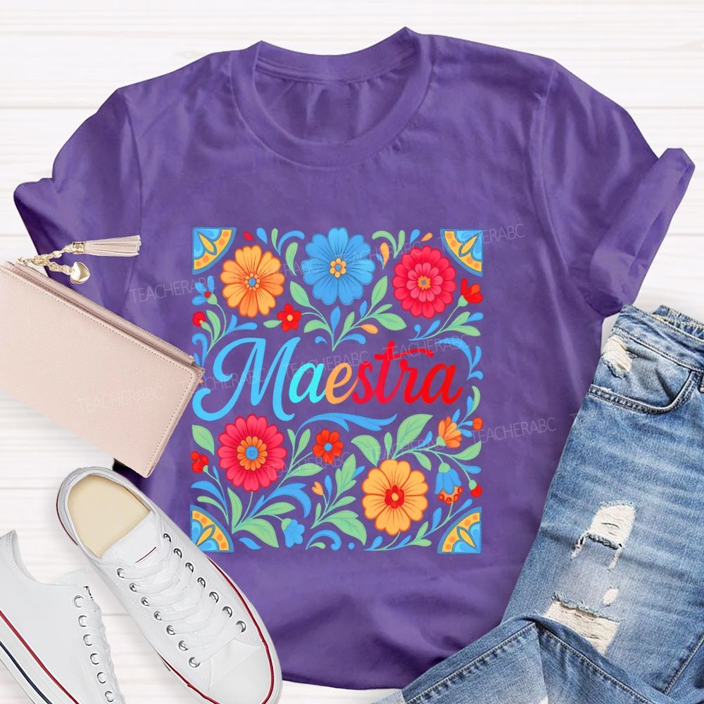 Maestra Flowers Pattern Teacher T-shirt
