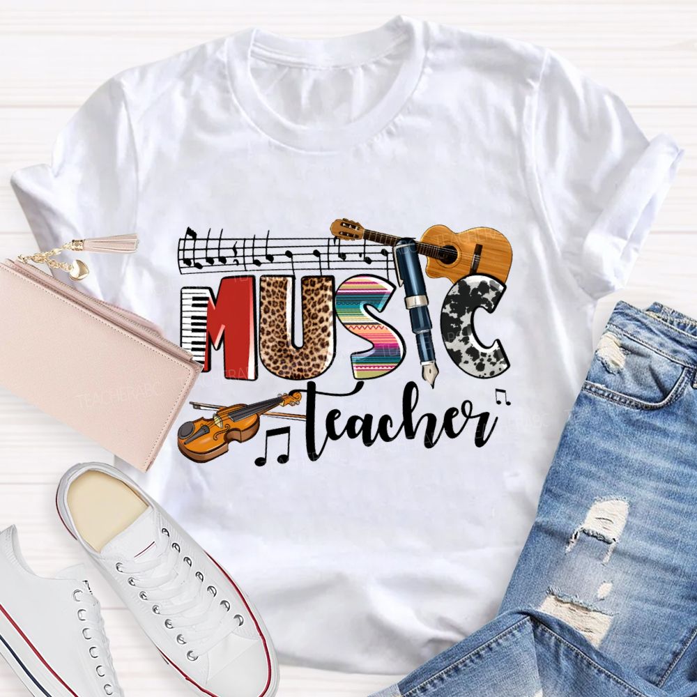 Music Teacher Leopard Print Font And Guitar Teacher T-shirt