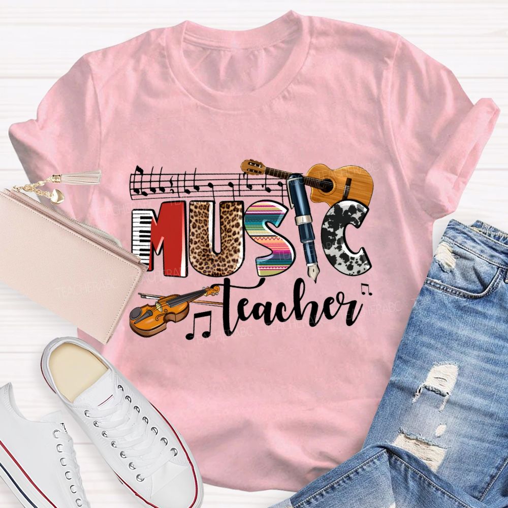 Music Teacher Leopard Print Font And Guitar Teacher T-shirt