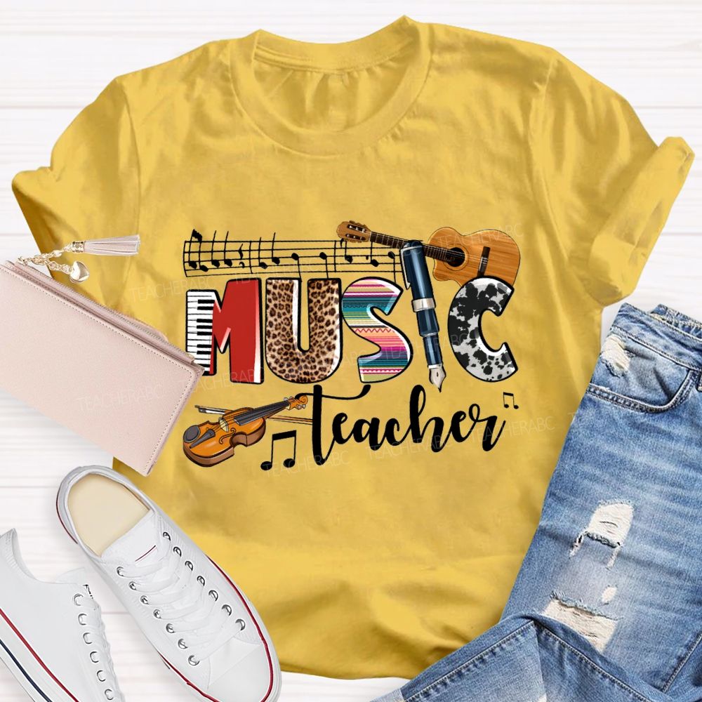 Music Teacher Leopard Print Font And Guitar Teacher T-shirt