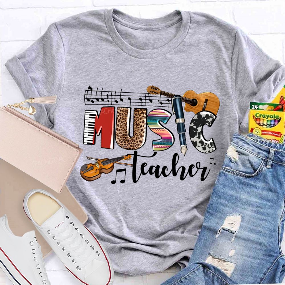 Music Teacher Leopard Print Font And Guitar Teacher T-shirt