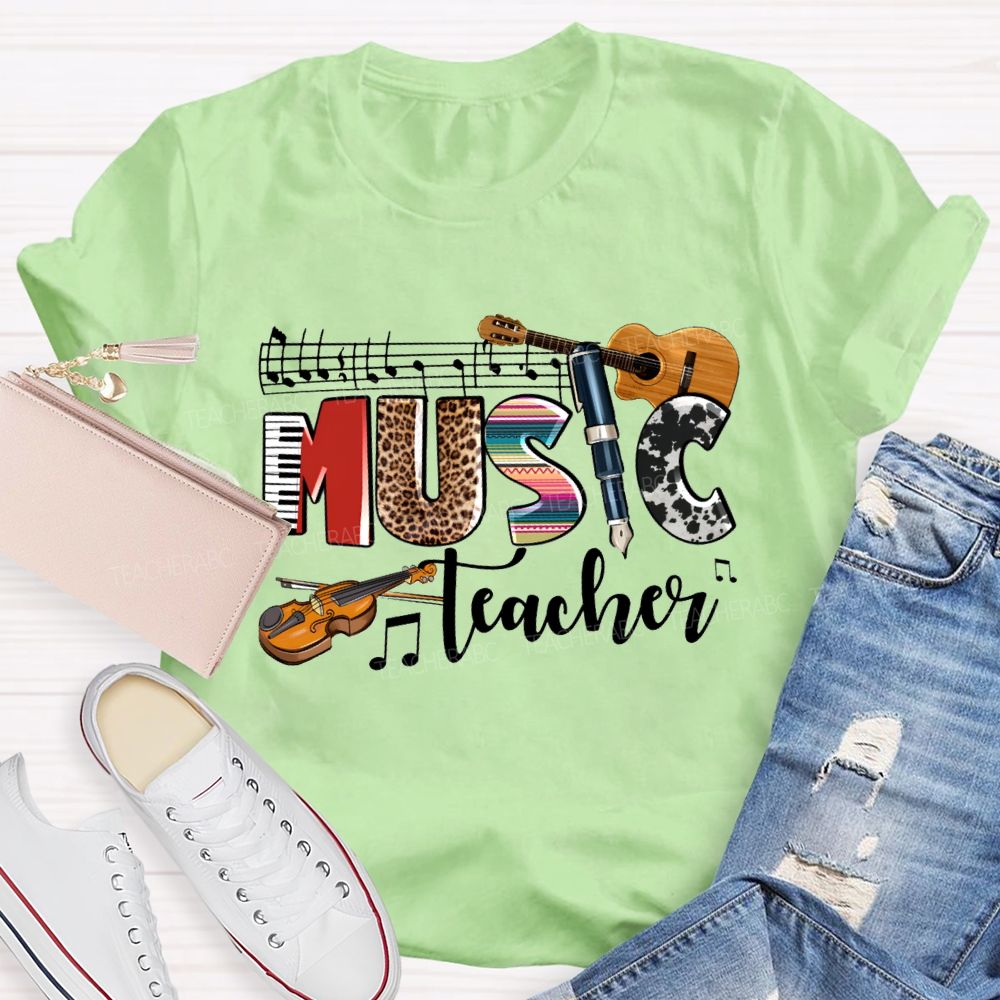 Music Teacher Leopard Print Font And Guitar Teacher T-shirt