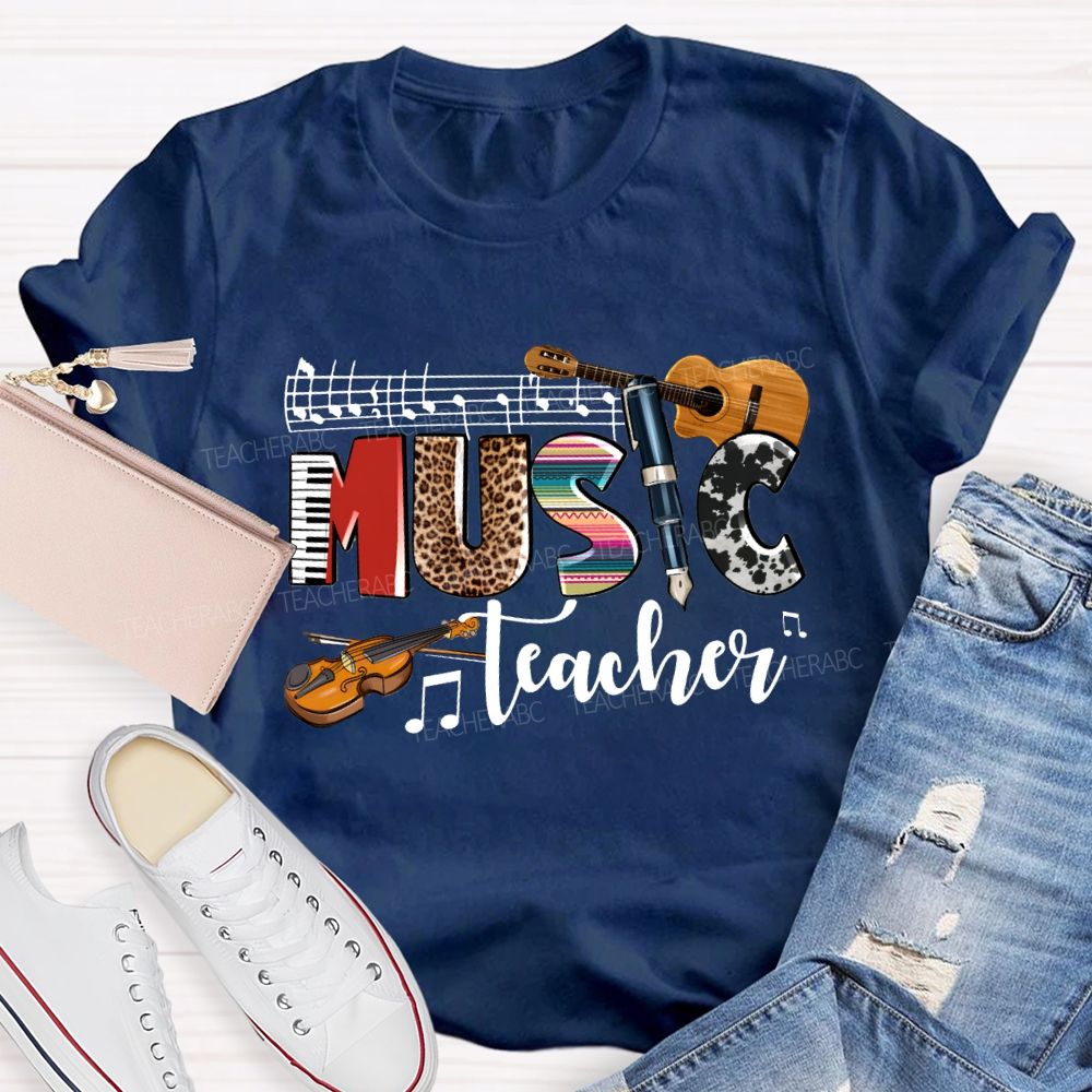 Music Teacher Leopard Print Font And Guitar Teacher T-shirt