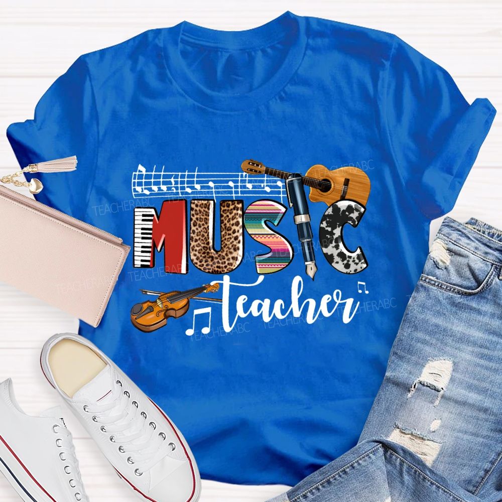 Music Teacher Leopard Print Font And Guitar Teacher T-shirt